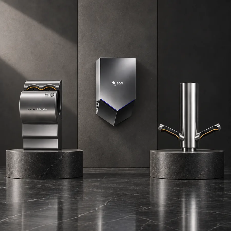 Dyson Airblade hand dryers we buy: the Airblade dB (AB14), the wall-mounted Airblade V (HU02) and the Airblade Tap
