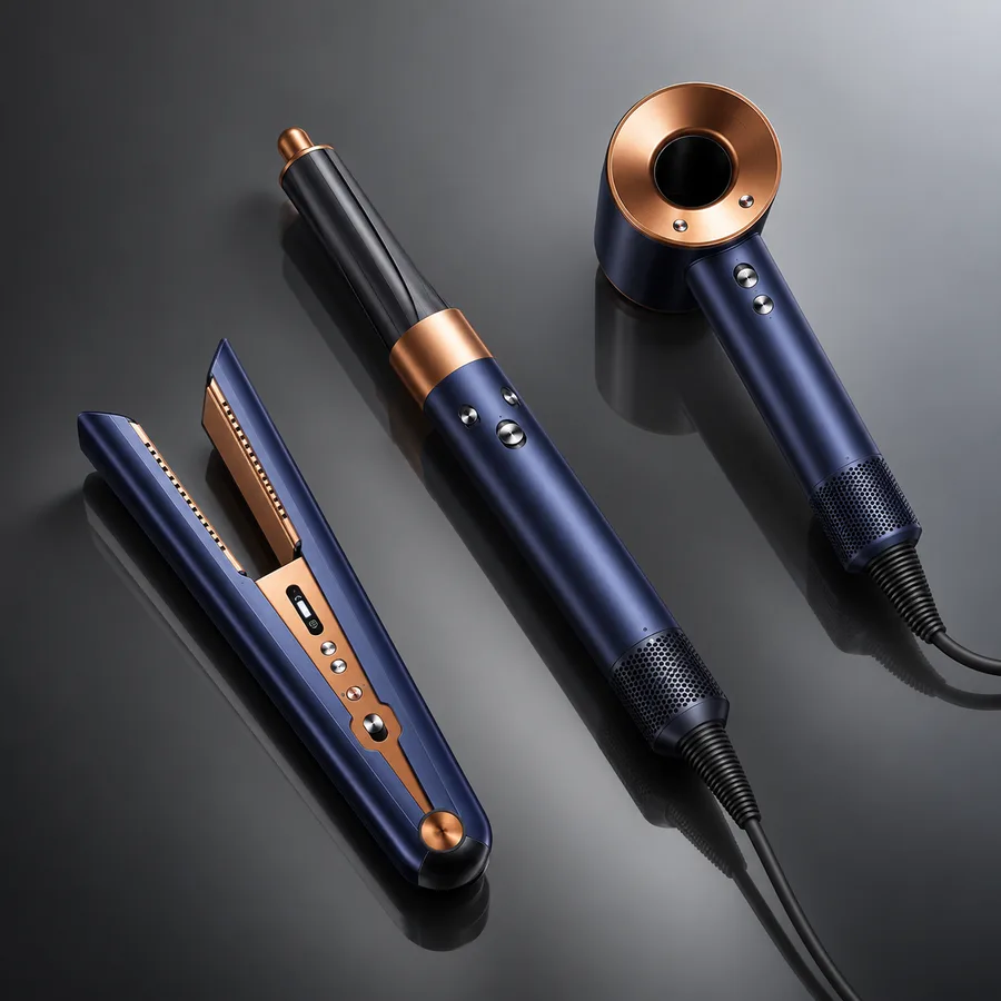 Dyson hair care we buy: the Corrale cordless straightener, the Airwrap styler and the Supersonic hair dryer in Prussian blue and copper